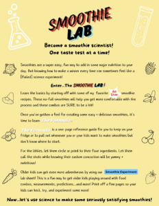 A screenshot from The Smoothie Lab: including an explanation of what The Smoothie Lab is about and how to use the resource to make the best smoothie recipes for kids.