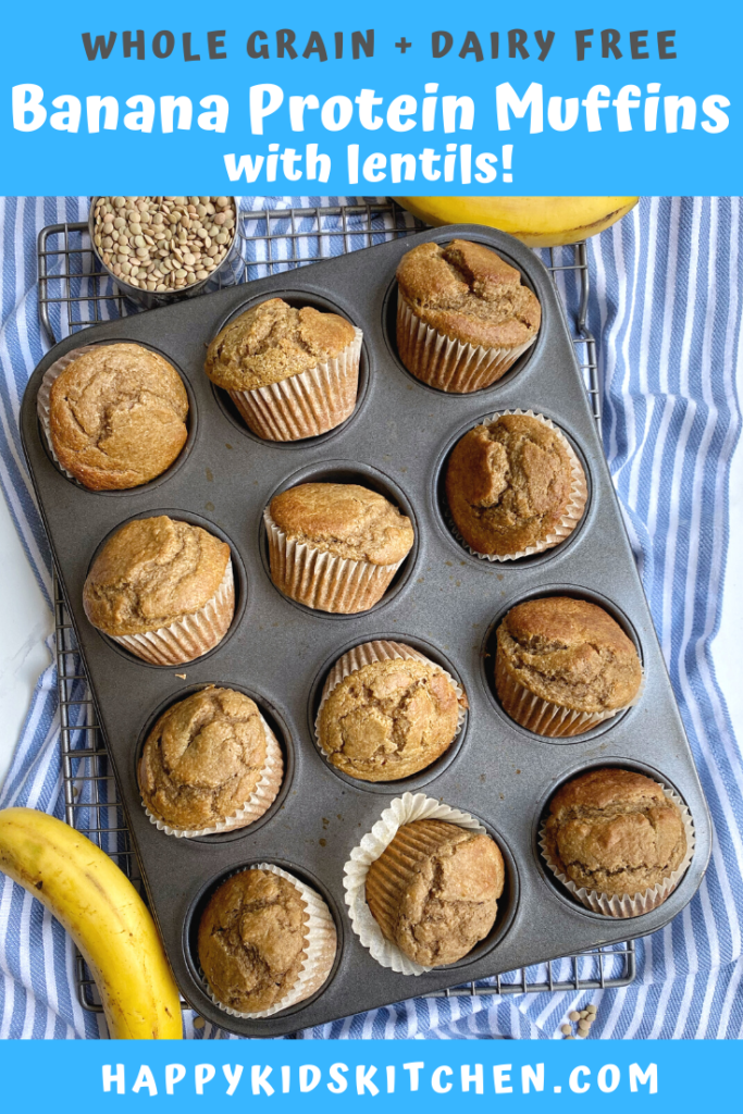 Baked muffins in a cupcake tin filled with paper muffin liners. Muffin tin is sitting on a cooling rack on top of a kitchen towel and is surrounded by bananas and a measuring cup full of lentils. Text on the top reads "whole grain and dairy free" "Banana Protein Muffins wtih Lentils!" and lists the website HappyKidsKitchen.com