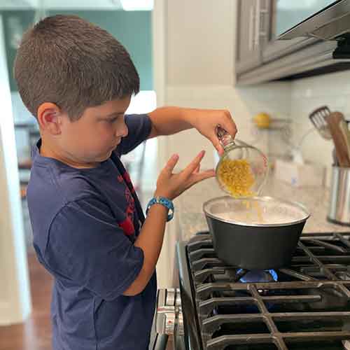 One Pot Mac and Cheese with Trees! Declan, Age 7