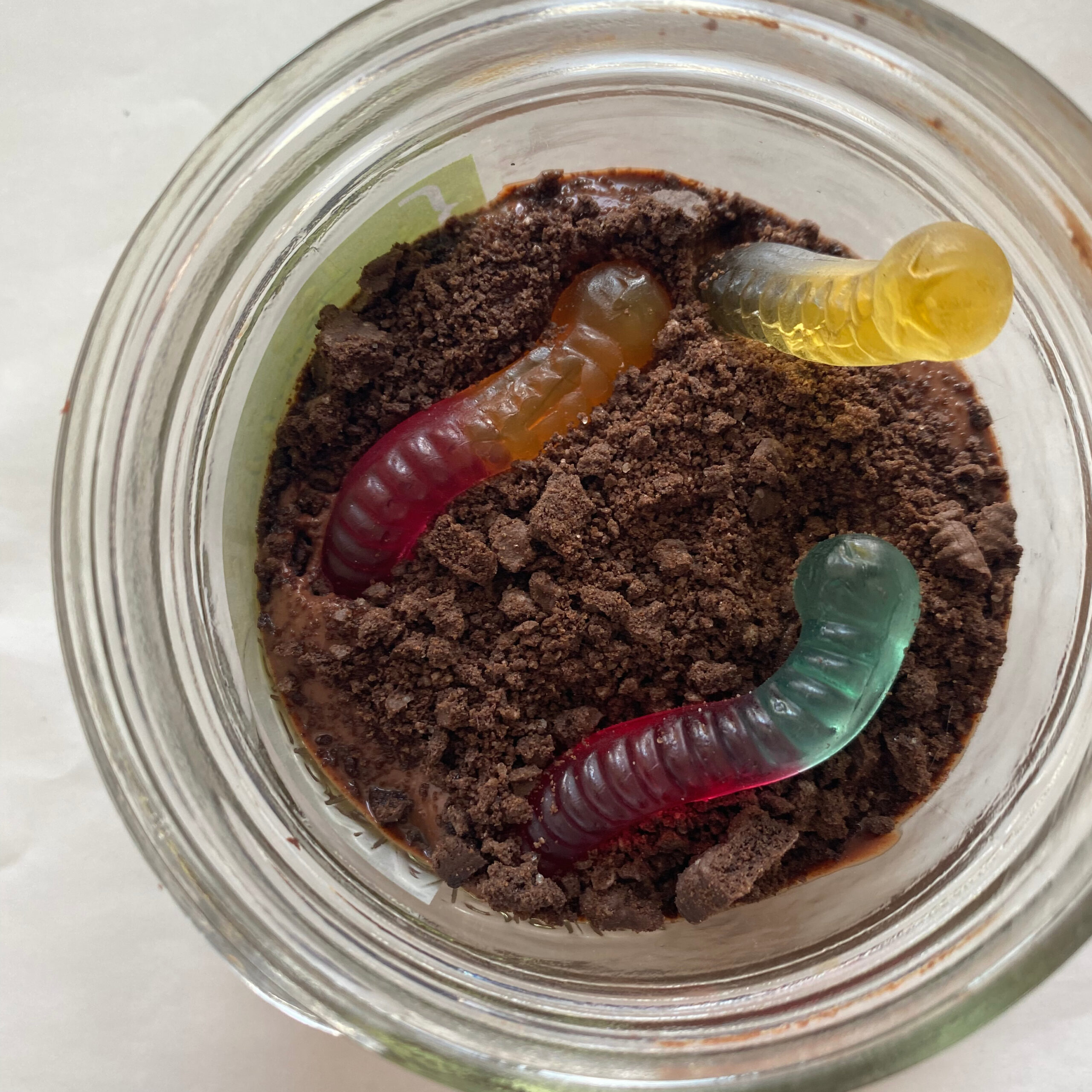 Glass cup with crushed cookies (to look like dirt) and gummy worms in the crushed cookies.